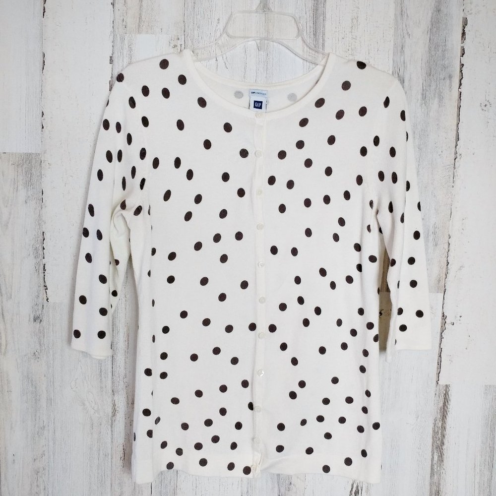 GAP Small Cardigan Sweater Ivory Gray Polka Dot - Picture 1 of 3